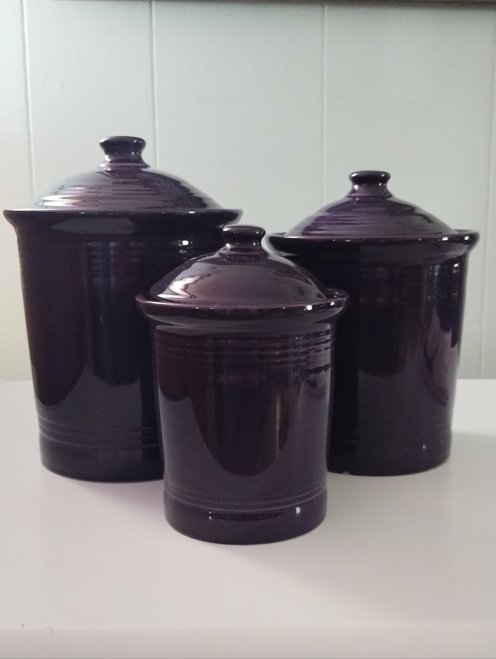 Set of 3 Glossy Discontinued Plum Ceramic Fiesta Canisters with Lids
